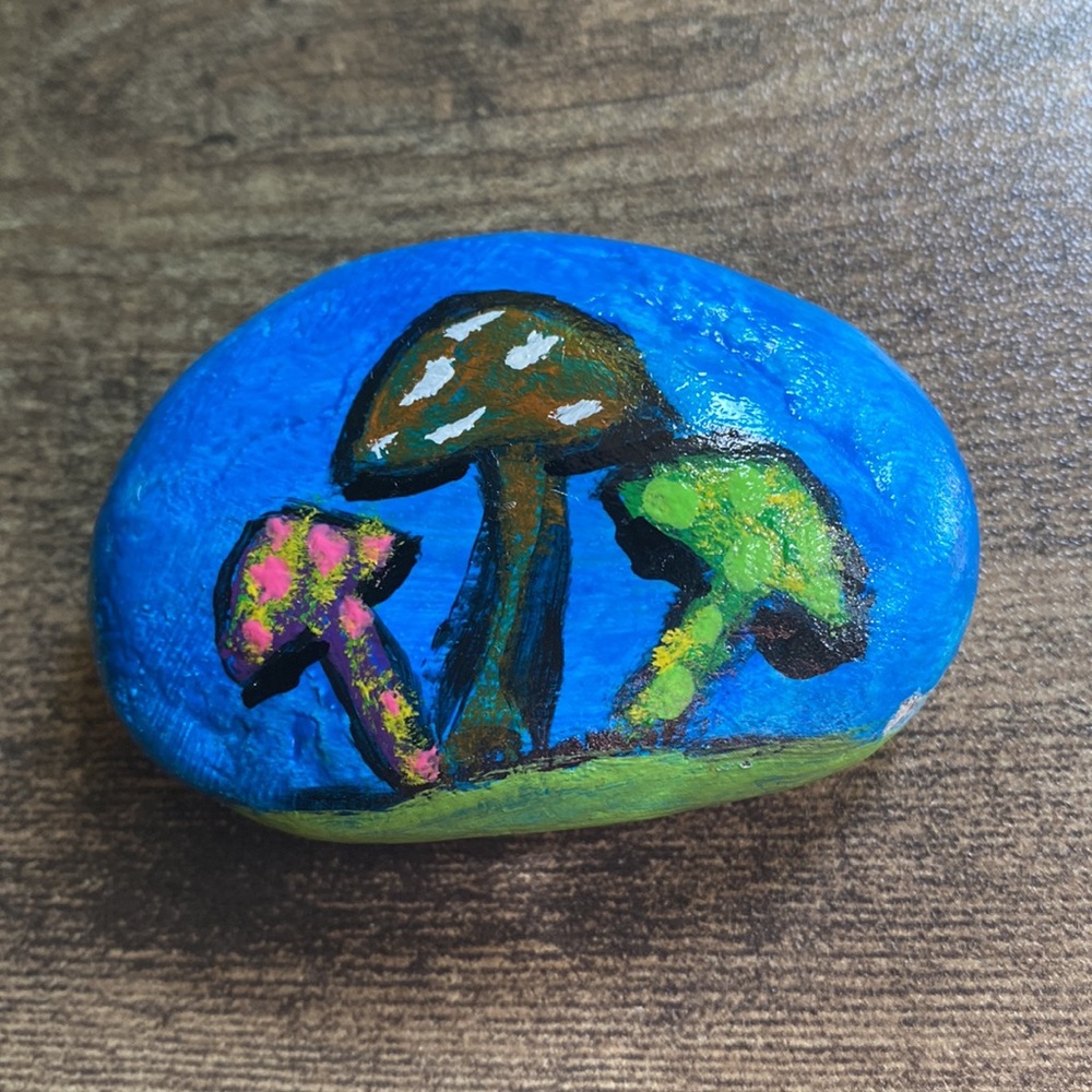 MUSHROOMS garden rock hand painted original acrylic w clear coat